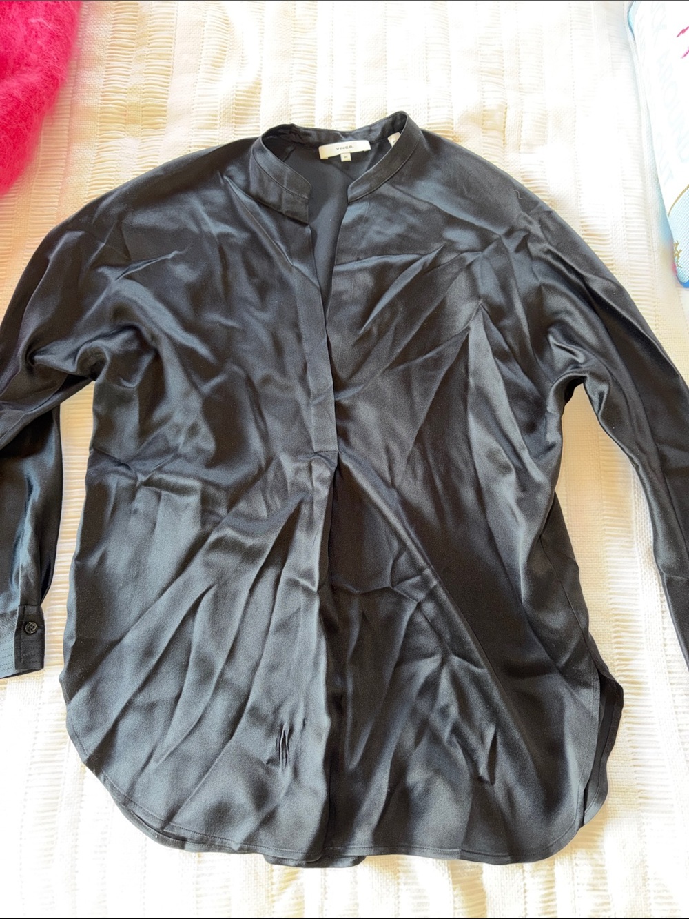 Vince Black Satin Mandarin-Collar Blouse